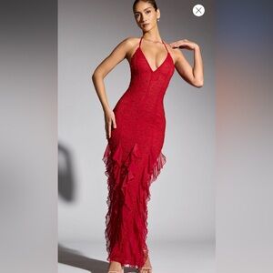 Red embellished long dress